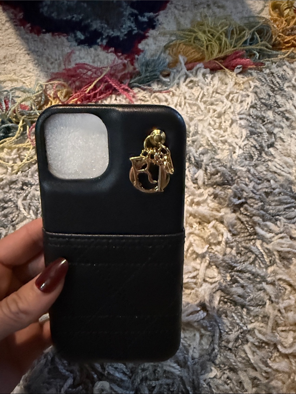 Black Leather-Look Men’s Phone Case with Gold Charm